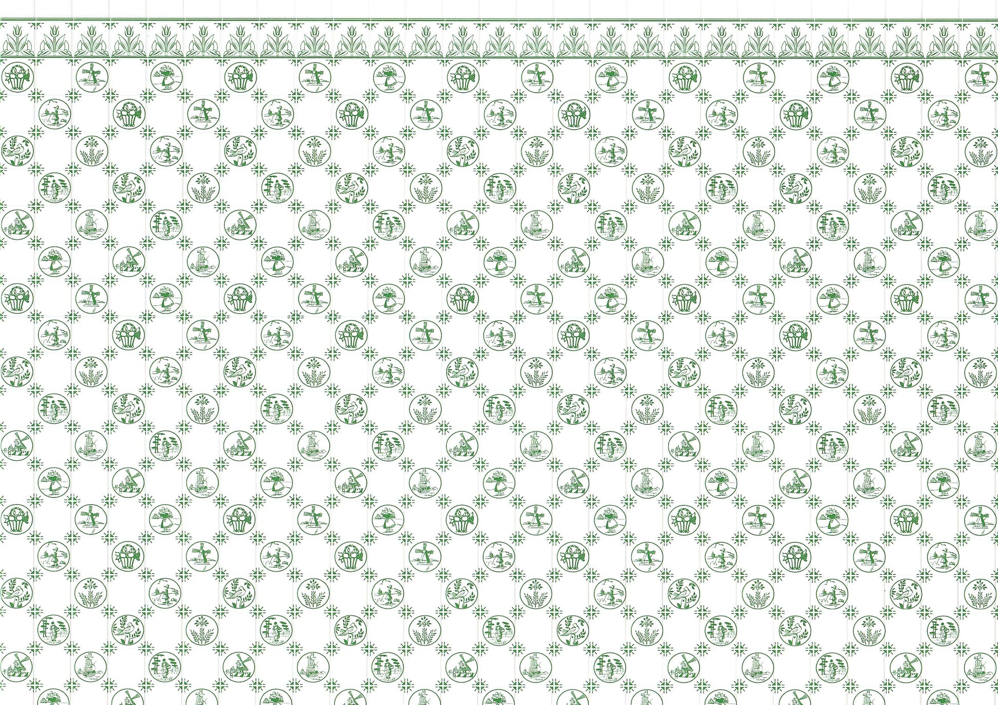 Dollhouse Delft Tile Dutch Wallpaper Green Embossed Card 1:12 Scale Miniature