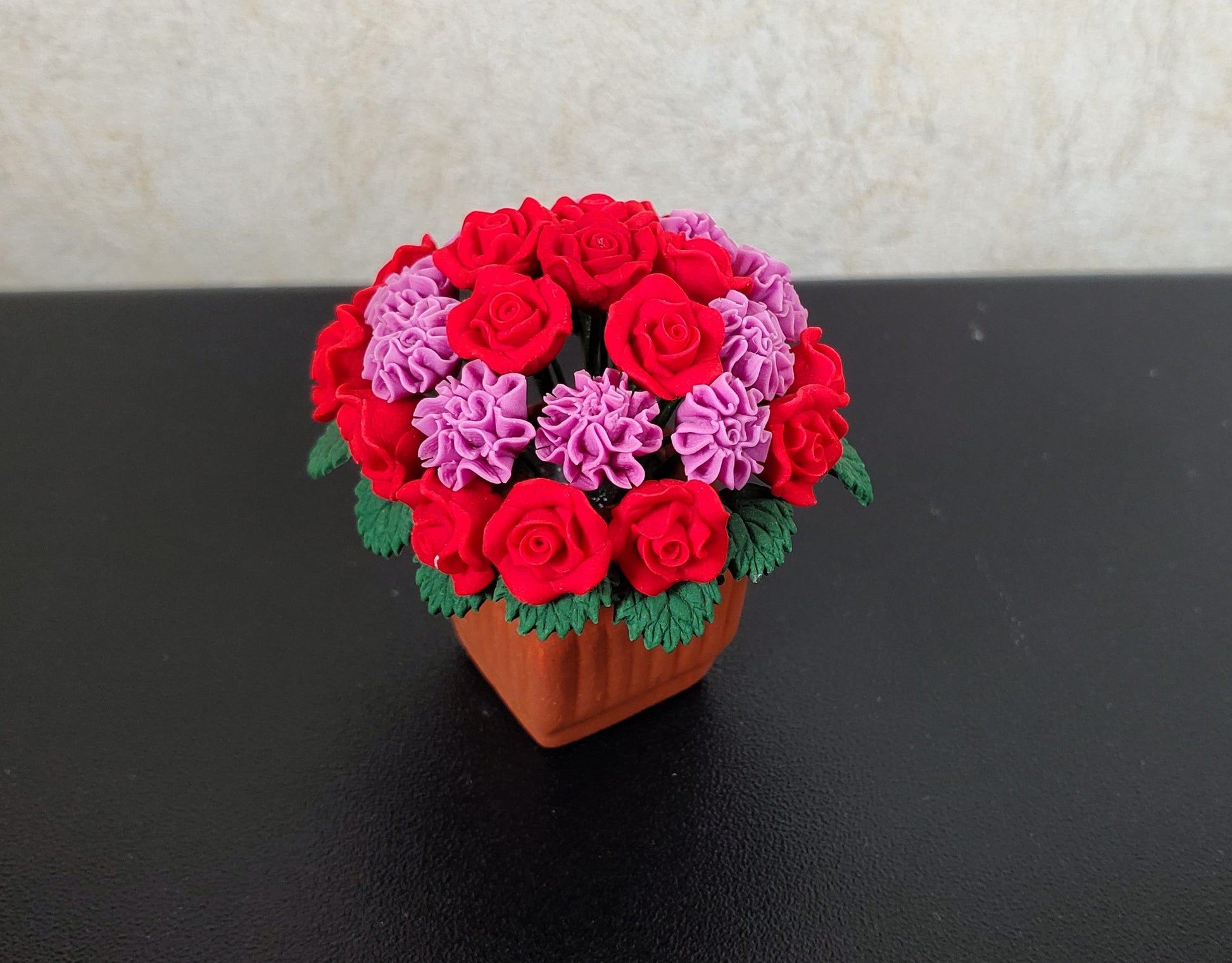 Dollhouse Red Roses Pink Carnations in Terra Cotta Planter 1:12 Scale Miniature