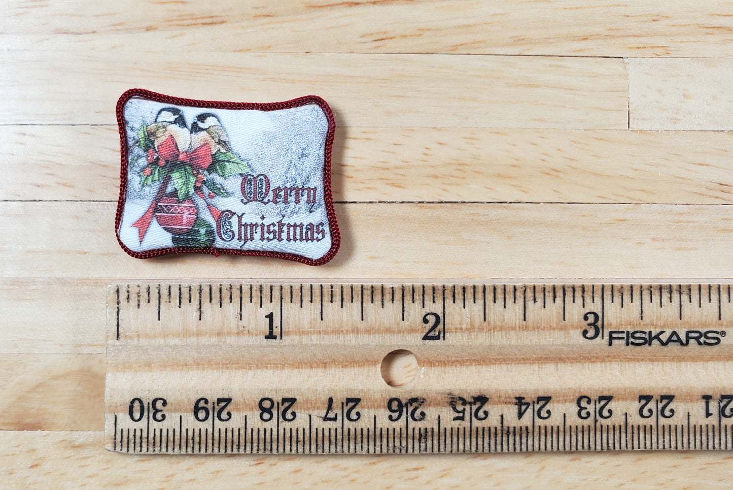 Dollhouse Christmas Pillow Chickadees & Holly Handmade 1:12 Scale Miniature