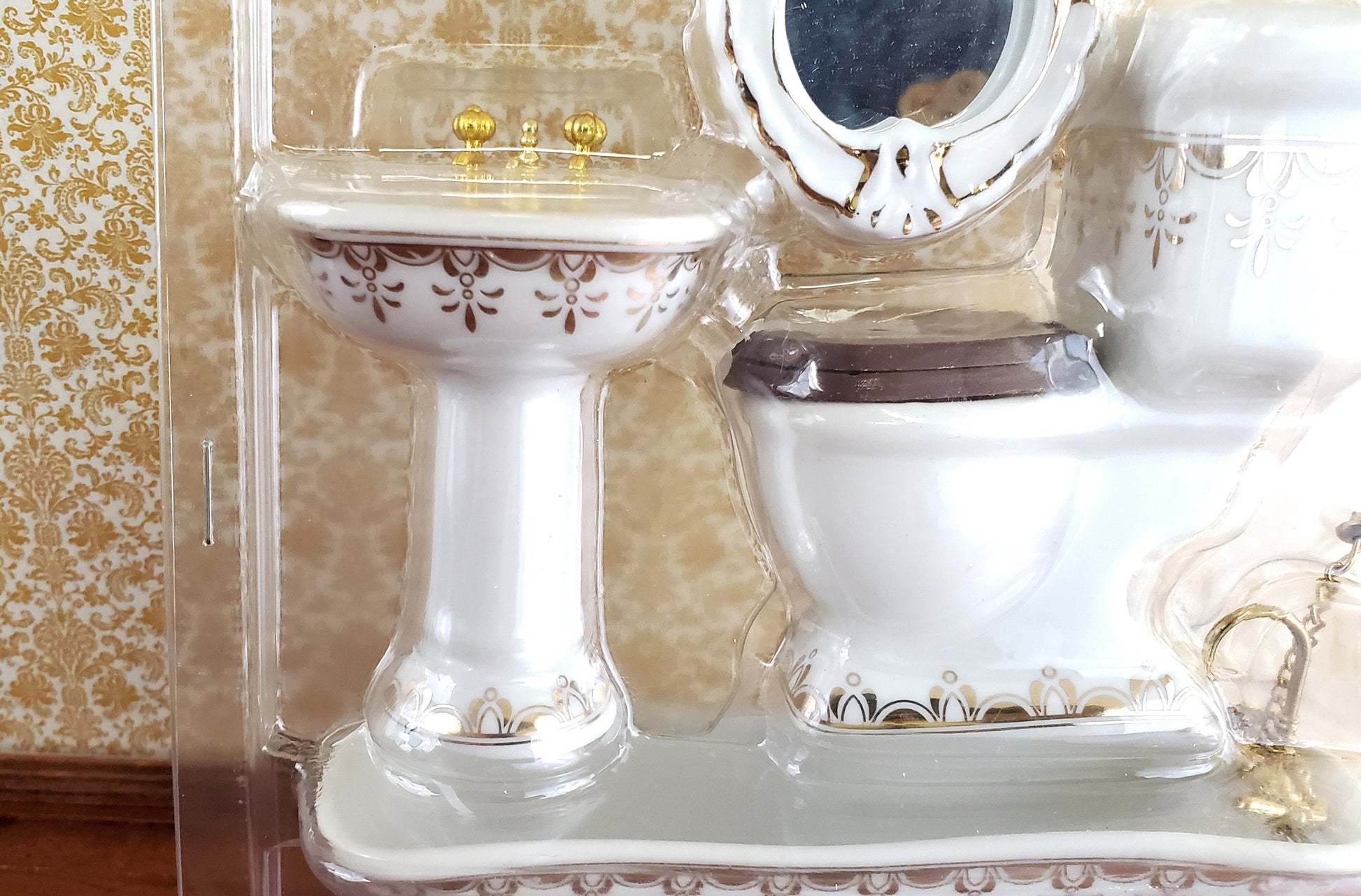 Dollhouse Miniature Bathroom Set Tub Toilet Sink Mirror White & Gold 1:12 Scale