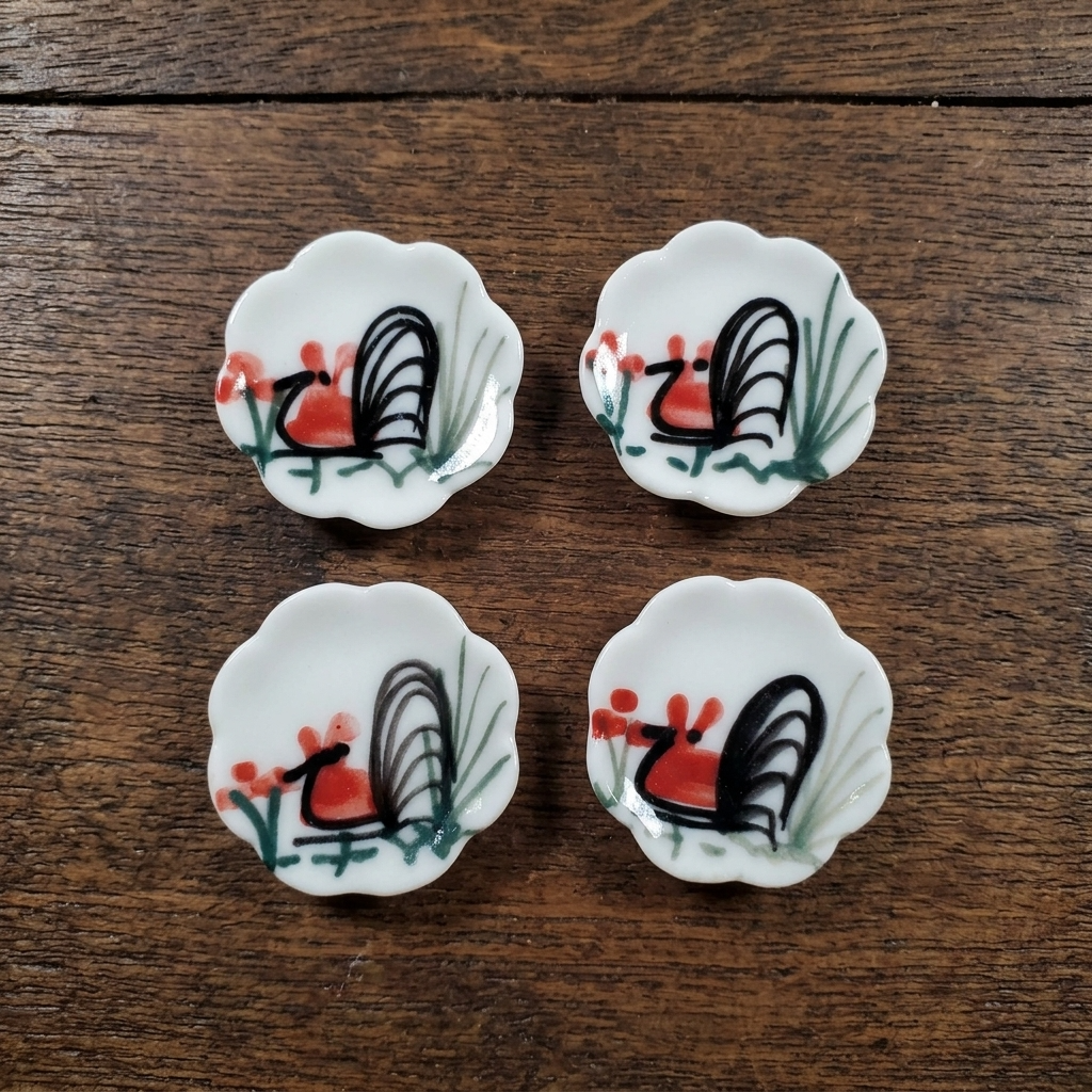 Dollhouse Scalloped Ceramic Rooster Plate 1:12 Scale Miniature 1" x4 pcs