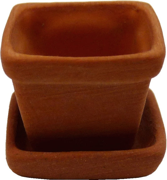 Dollhouse Square Terra Cotta Planter Pot with Square Saucer 1:12 Scale Miniature