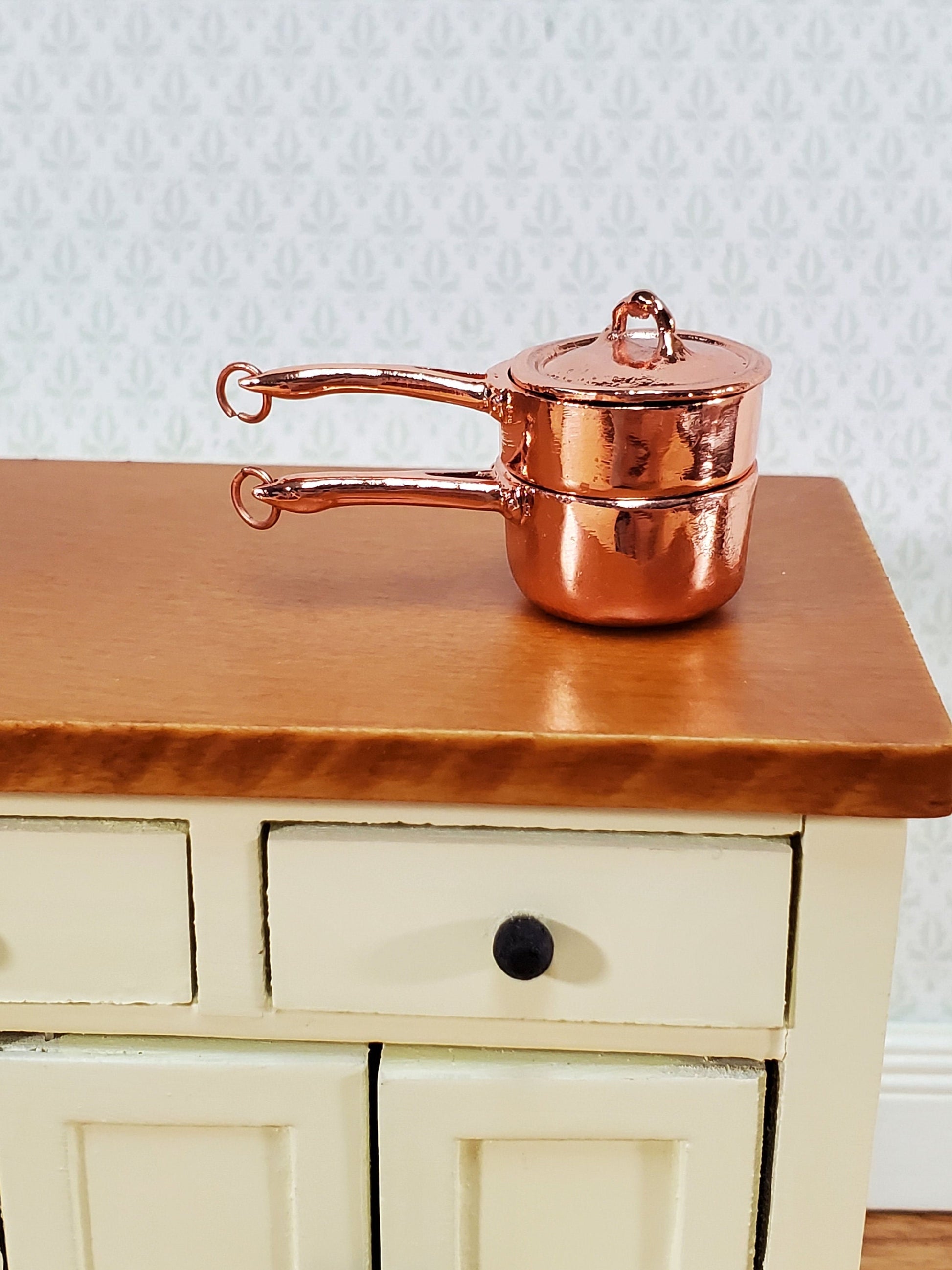 Dollhouse Copper Double Boiler Pots + Lid Cooking Pans 1:12 Scale Miniature Kitchen Falcon Miniatures