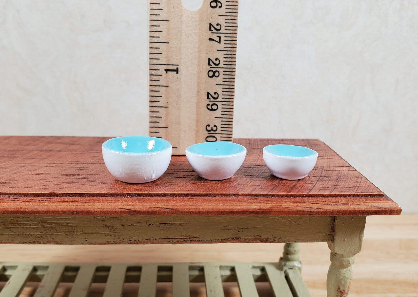 Dollhouse Mixing Bowls White and Aqua Set of 3 1:12 Scale Miniatures