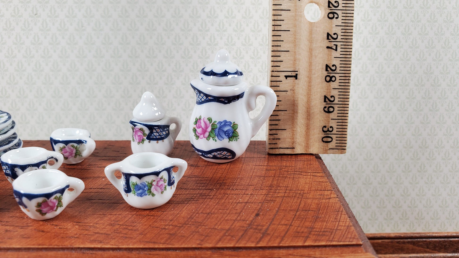 Dollhouse Coffee Set with Plates Blue Lace Design Ceramic 1:12 Scale Miniature