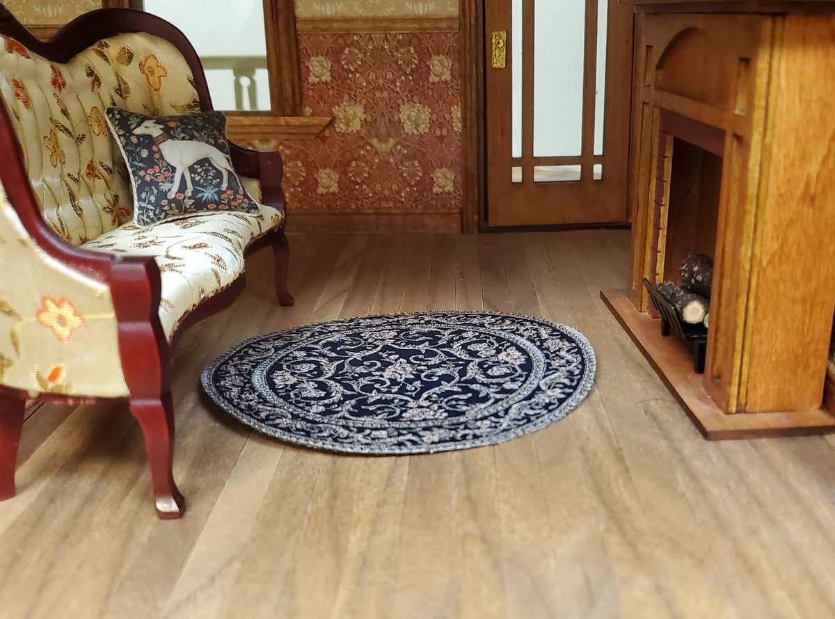 Round Dollhouse Rug Dollhouse Small Round Rug Fabric Black Floral 1:12 Scale Miniature 4 ...