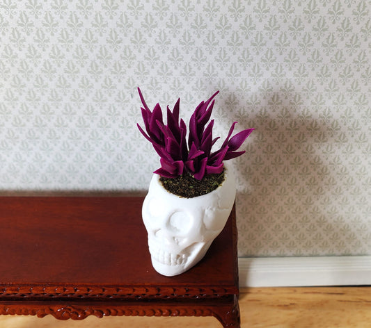 Dollhouse Blood Amaranth in a Large White Skull Planter Pot 1:12 Scale Miniature