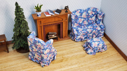 Dollhouse Small Sofa Chair Ottoman Pastel Floral 1:12 Scale Miniature Furniture