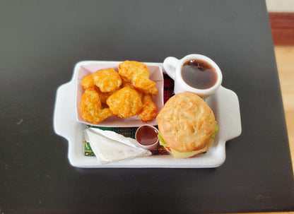 Dollhouse Hamburgers Wings Coffee Sauce on Tray 1:12 Scale Miniature Food Drink