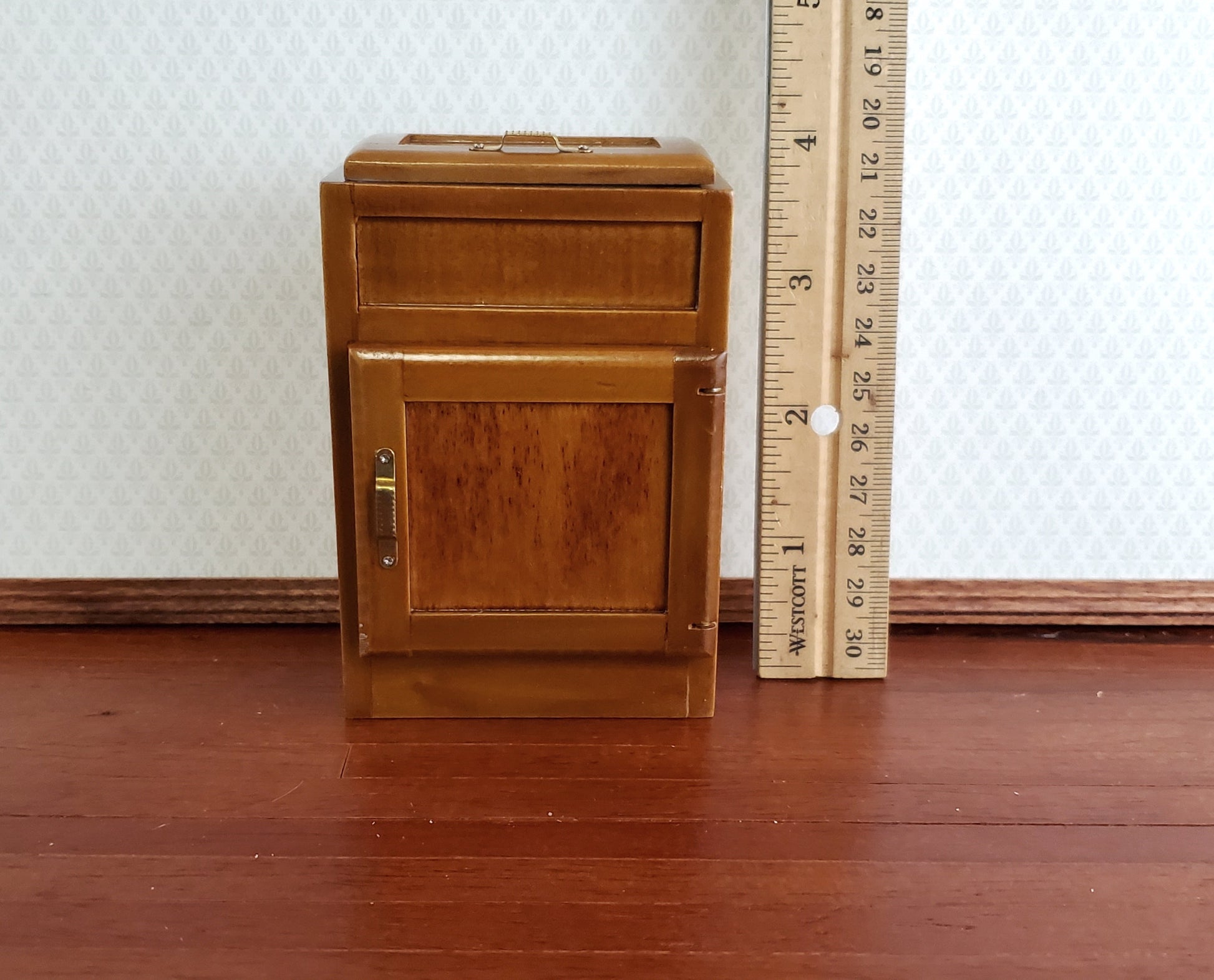 Dollhouse Miniature Ice Box Fridge Light Walnut Finish 1:12 Scale Wood Kitchen