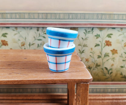 Dollhouse White Blue & Red Plaid Ceramic Planters x2 1:12 Scale Miniatures