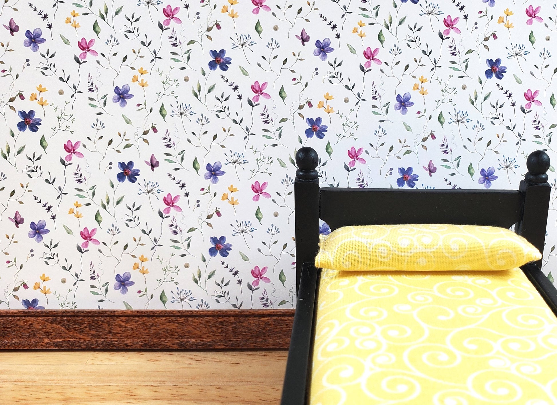 Dollhouse Wallpaper Purple Pink Flowers 3 Sheets 1:12 Scale "Butterfly Blooms"