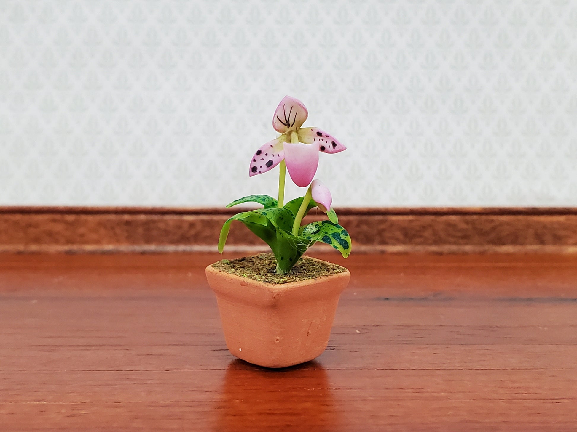 Dollhouse Potted Orchid Pink & White Flowering Plant 1:12 Scale Miniature