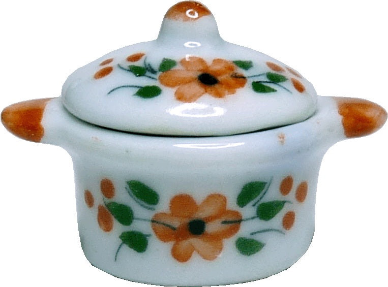 Dollhouse Ceramic Stock Pot with Lid Orange Floral 1:12 Scale Miniature
