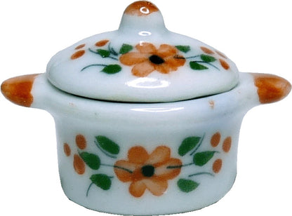 Dollhouse Ceramic Stock Pot with Lid Orange Floral 1:12 Scale Miniature