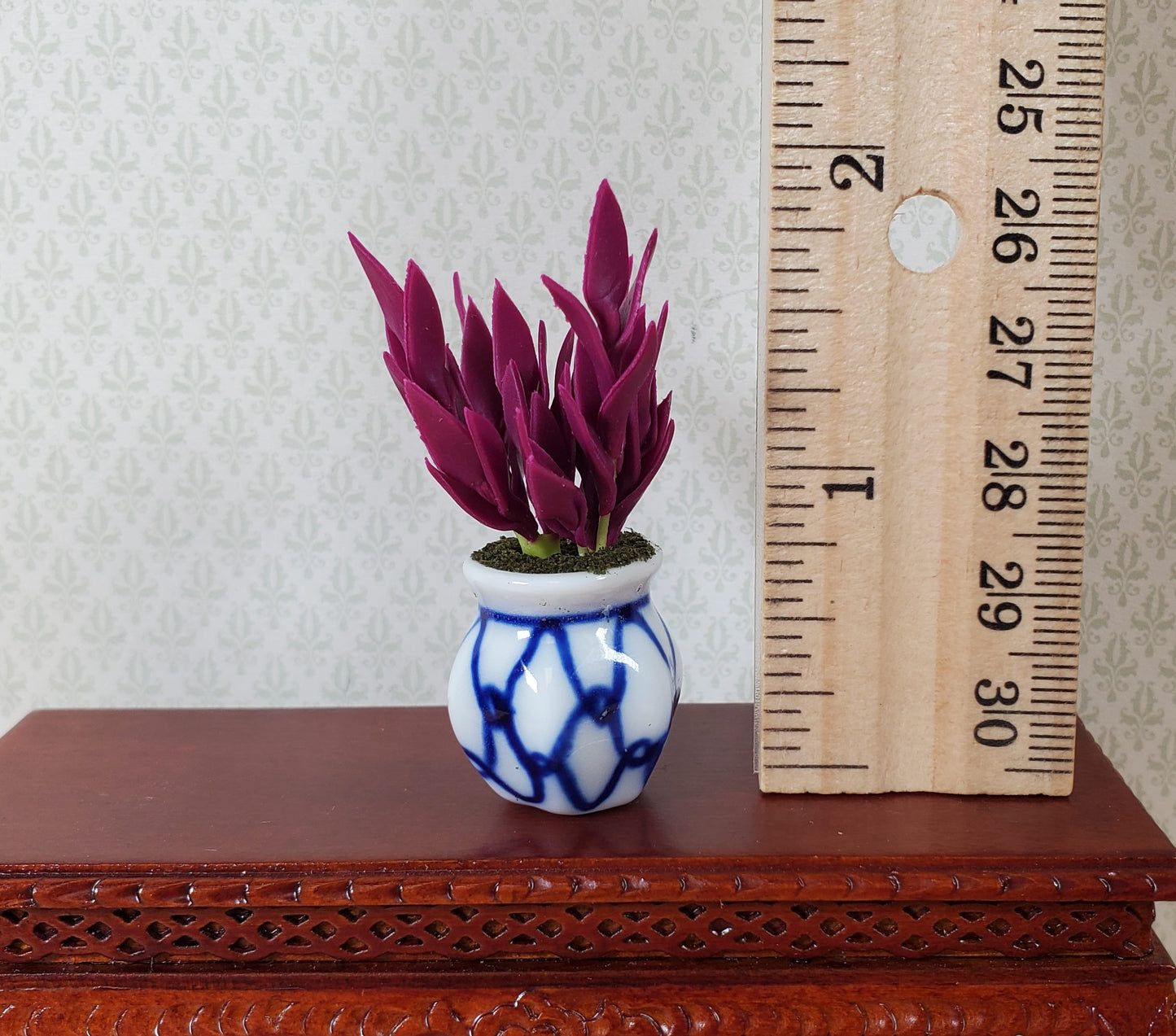 Dollhouse Purple Houseplant in Blue and White Ceramic Pot 1:12 Scale Miniature
