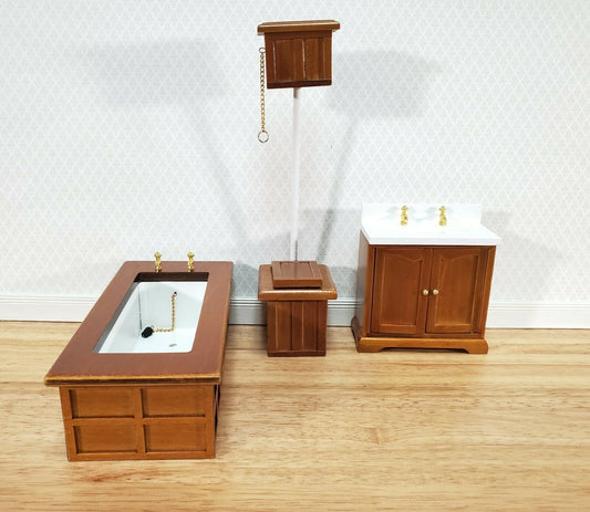 Dollhouse Bathroom Set Victorian Tub Toilet Sink Walnut Finish 1:12 Scale Miniature Furniture