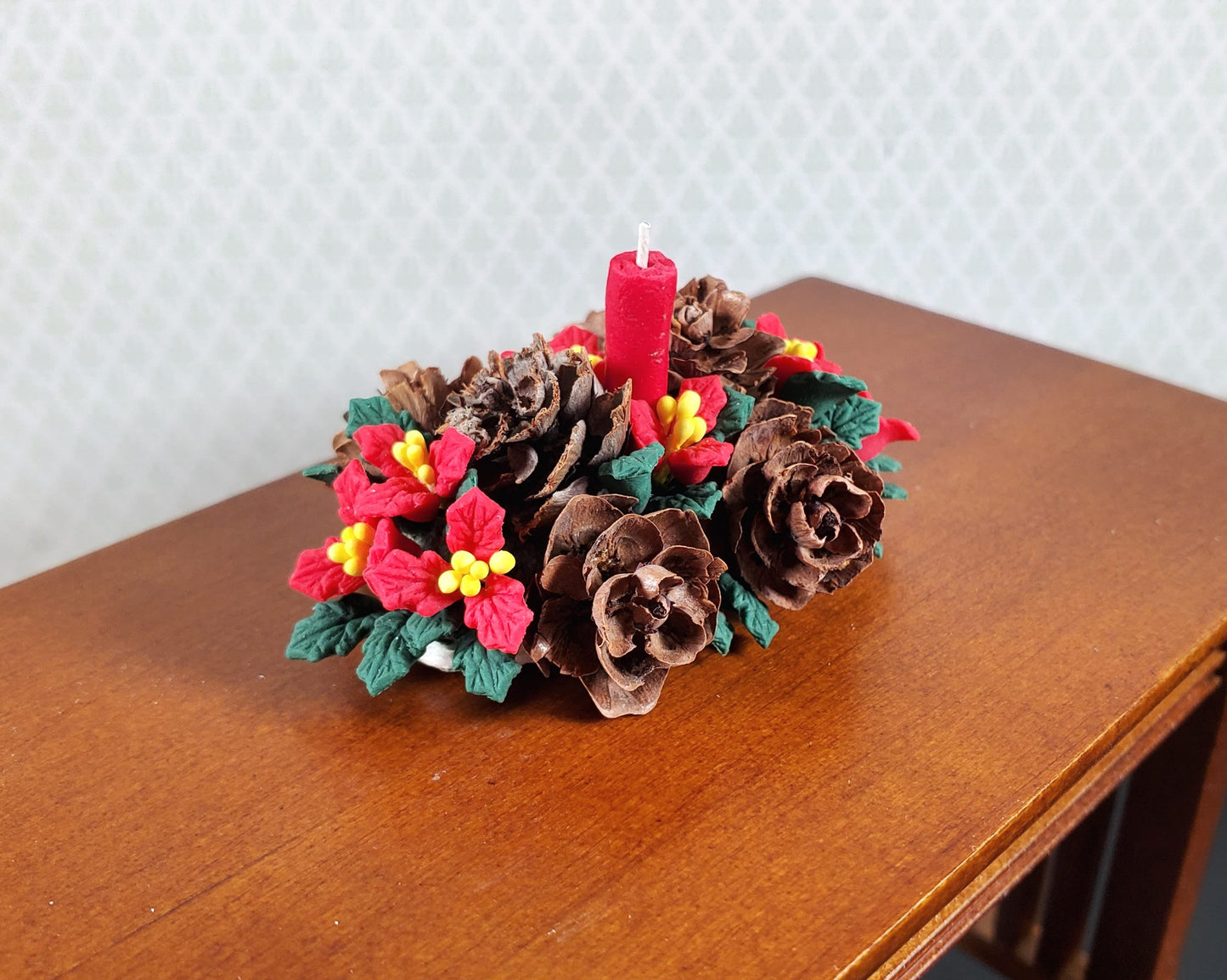 Dollhouse Holiday Centerpiece Red Poinsettias & Pinecones 1:12 Scale Miniature