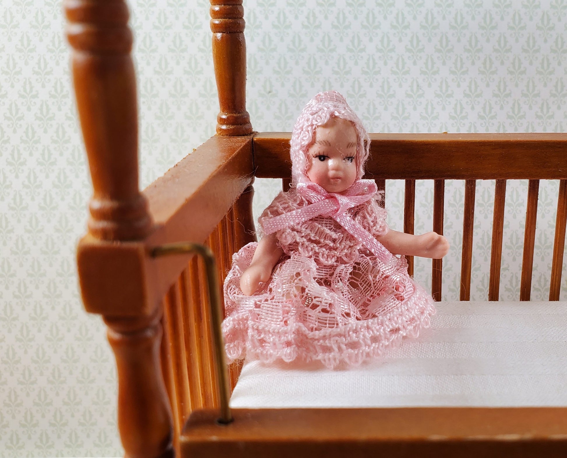 Dollhouse Baby Doll Porcelain Moveable 1:12 Scale Miniature Pink Lace Outfit
