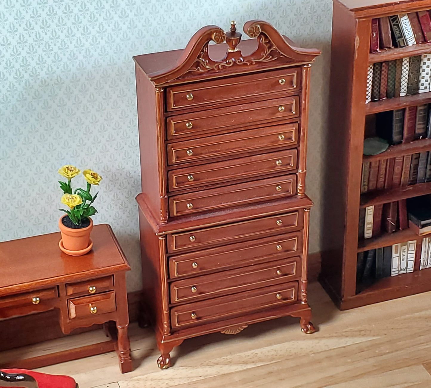 Dollhouse High Boy Dresser Walnut Finish 1:12 Scale Hansson Miniature Furniture