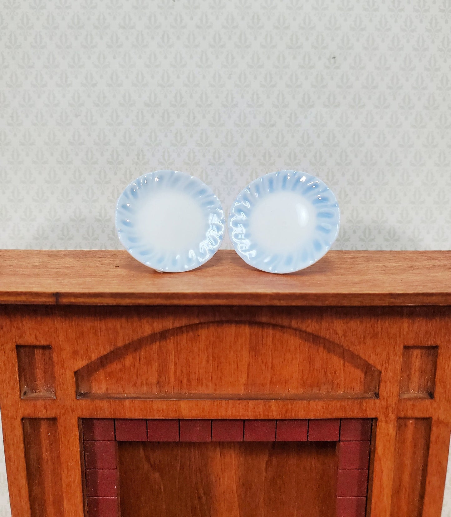 Dollhouse Dinner Plates White Ceramic with Blue Edge Set of 2 1:12 Scale 15/16"