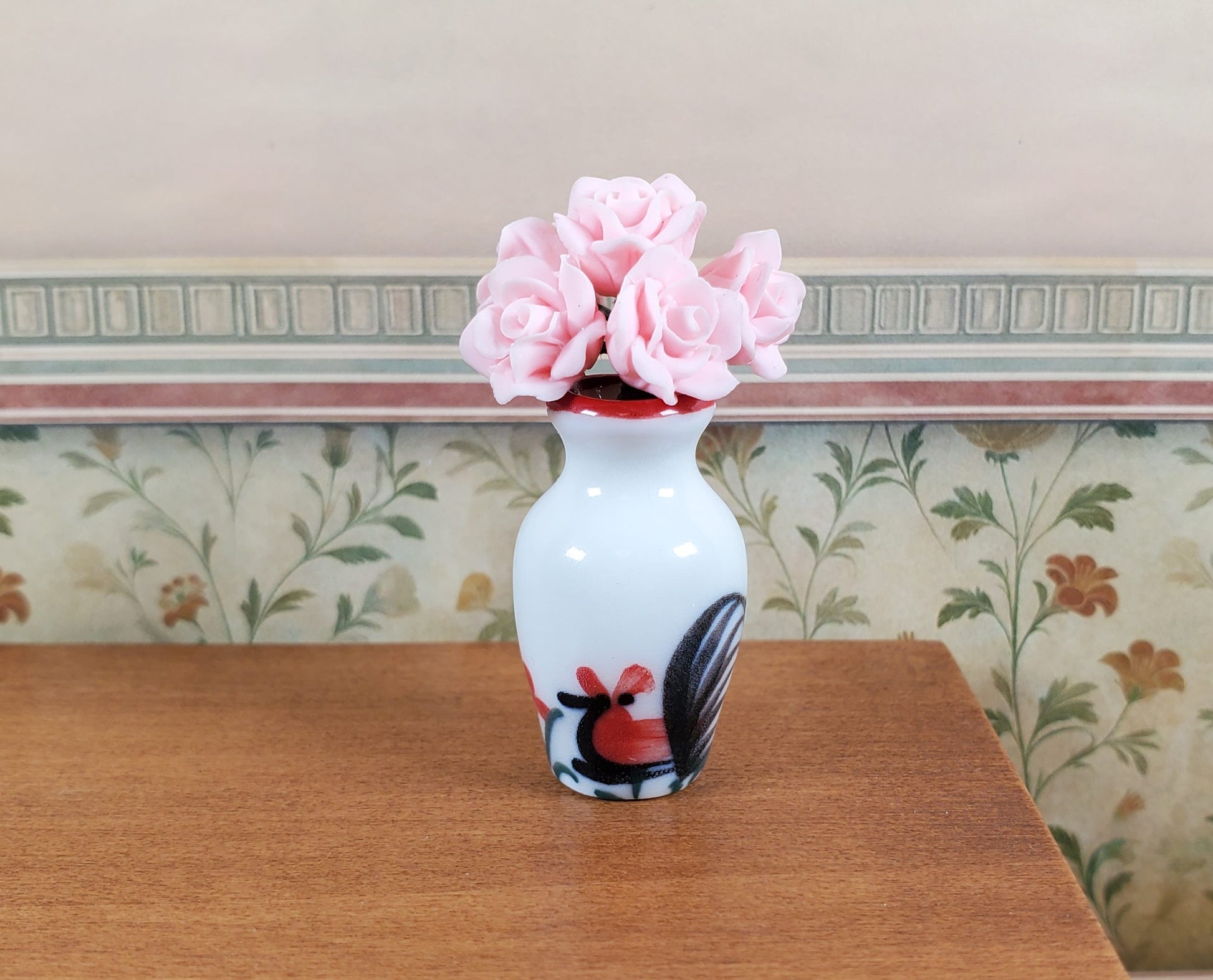 Dollhouse White Ceramic Vase Rooster Motif 1:12 Scale Miniature