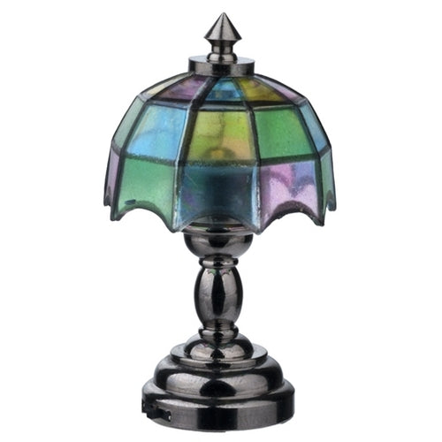 Dollhouse Battery Light Table Lamp Stained Glass Style Dark Nickel Base 1:12