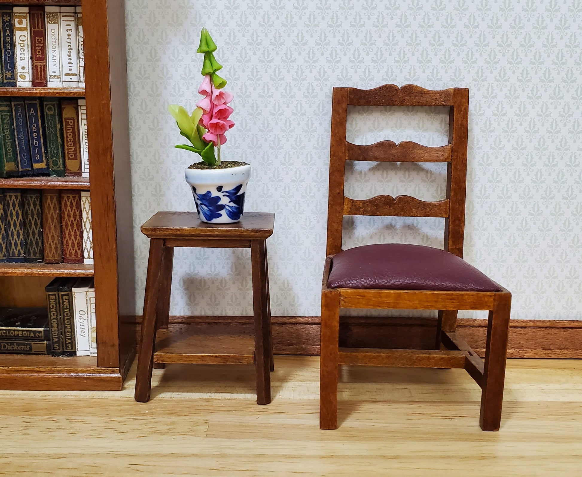 Dollhouse Potted Pink Bell Flowers 1:12 Scale Miniature Blue White Ceramic Pot