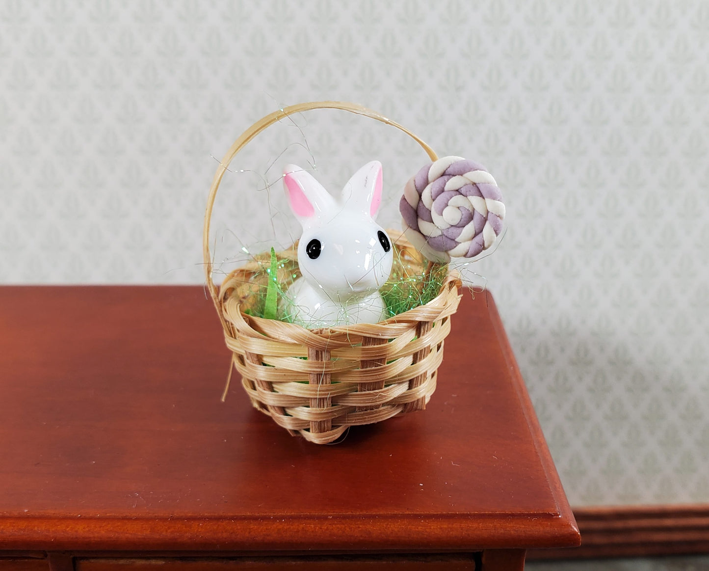 Dollhouse Easter Basket with Bunny and Lollipop Sucker 1:12 Scale Miniature
