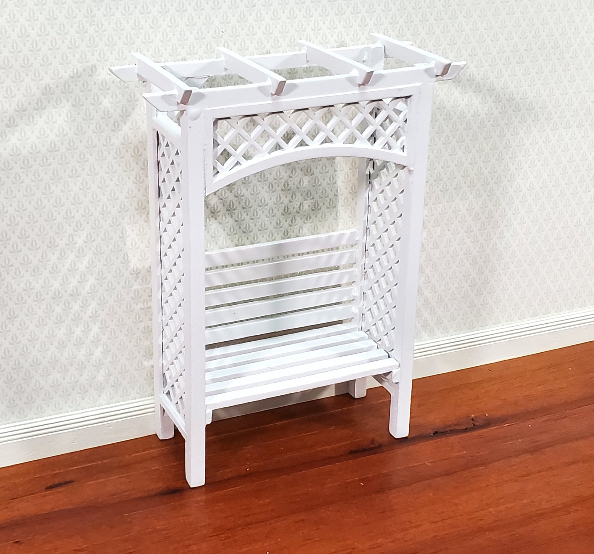 Dollhouse Garden Arbor Bench with Trellis for Flowers White Wood 1:12 Scale Miniature