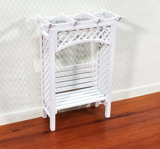 Dollhouse Garden Arbor Bench with Trellis for Flowers White Wood 1:12 Scale Miniature