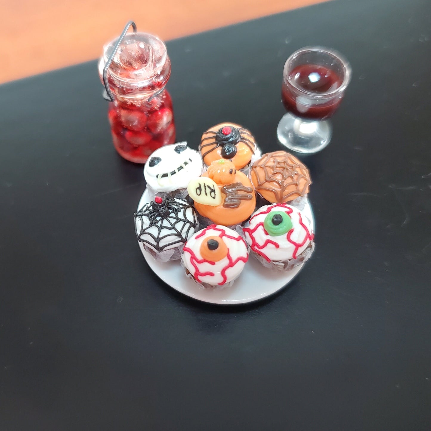 Dollhouse Cupcakes Halloween Theme on Ceramic Plate 1:12 Scale Miniature Food
