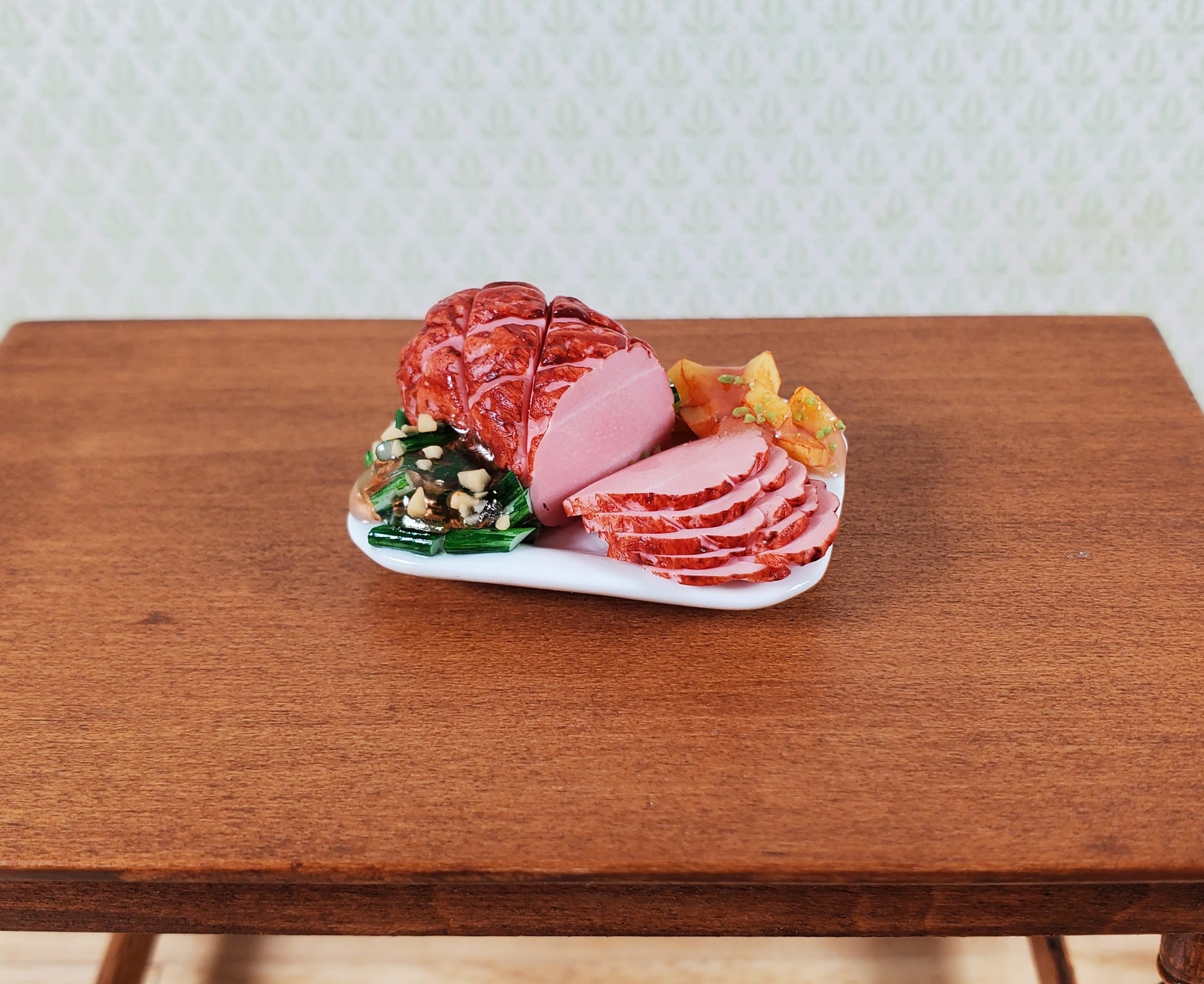 Dollhouse Sliced Ham with Sweet Potatoes on Ceramic Platter 1:12 Scale Miniature