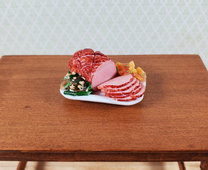 Dollhouse Sliced Ham with Sweet Potatoes on Ceramic Platter 1:12 Scale Miniature