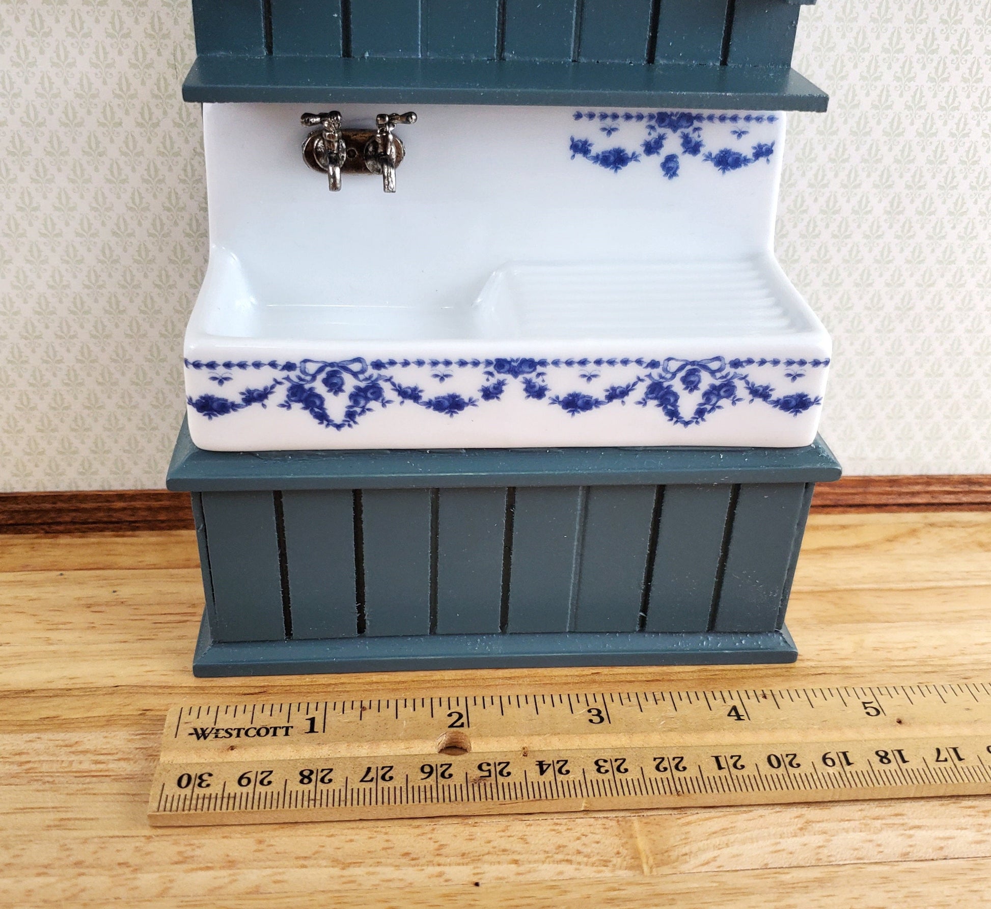 Dollhouse Reutter Sink Cabinet Blue & White 1:12 Scale Miniature Kitchen