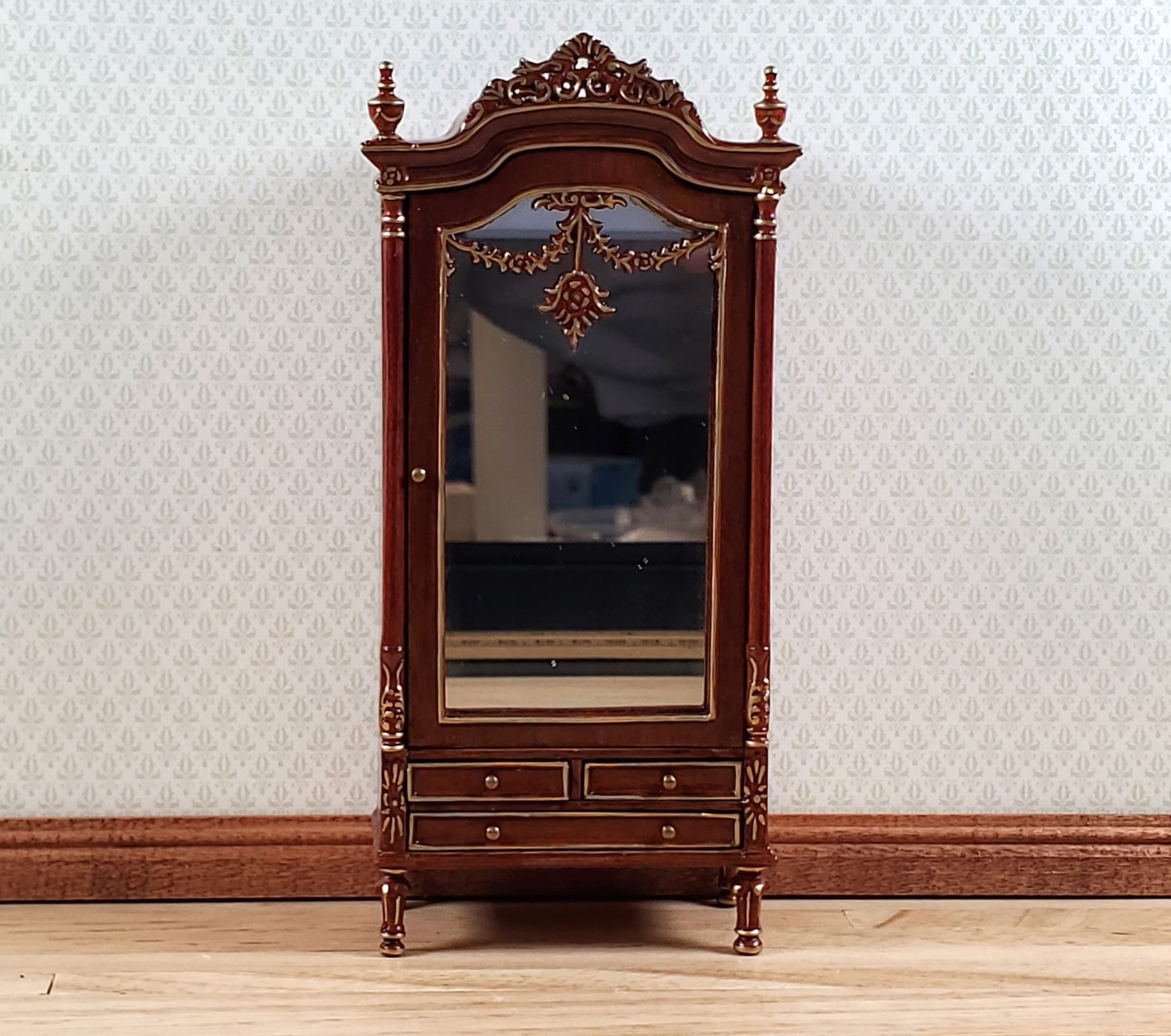 Dollhouse Mirrored Wardrobe Walnut Finish 1:12 Scale by Hansson Miniatures