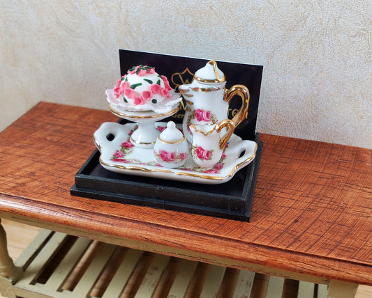 Dollhouse Coffee Tray with Rose Cake Reutter Porcelain 1:12 Scale Miniature