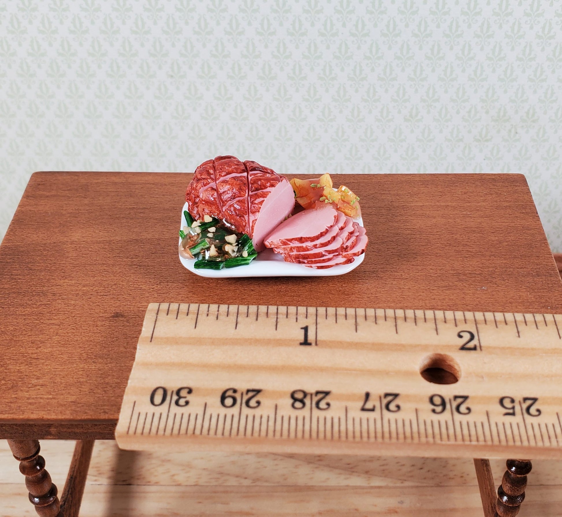 Dollhouse Sliced Ham with Sweet Potatoes on Ceramic Platter 1:12 Scale Miniature
