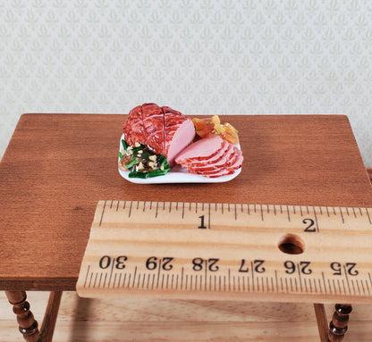 Dollhouse Sliced Ham with Sweet Potatoes on Ceramic Platter 1:12 Scale Miniature
