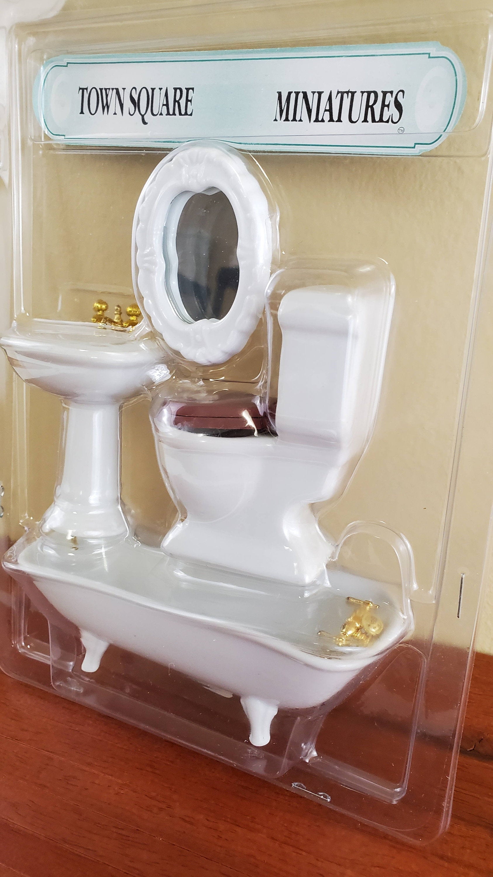 Dollhouse Miniature Bathroom Set Tub Toilet Sink All White Gold Fixtures 1:12 Scale