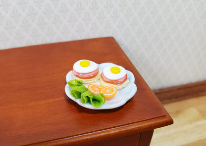 Dollhouse Fried Eggs on Ham & Muffin on a Ceramic Plate 1:12 Scale Miniature