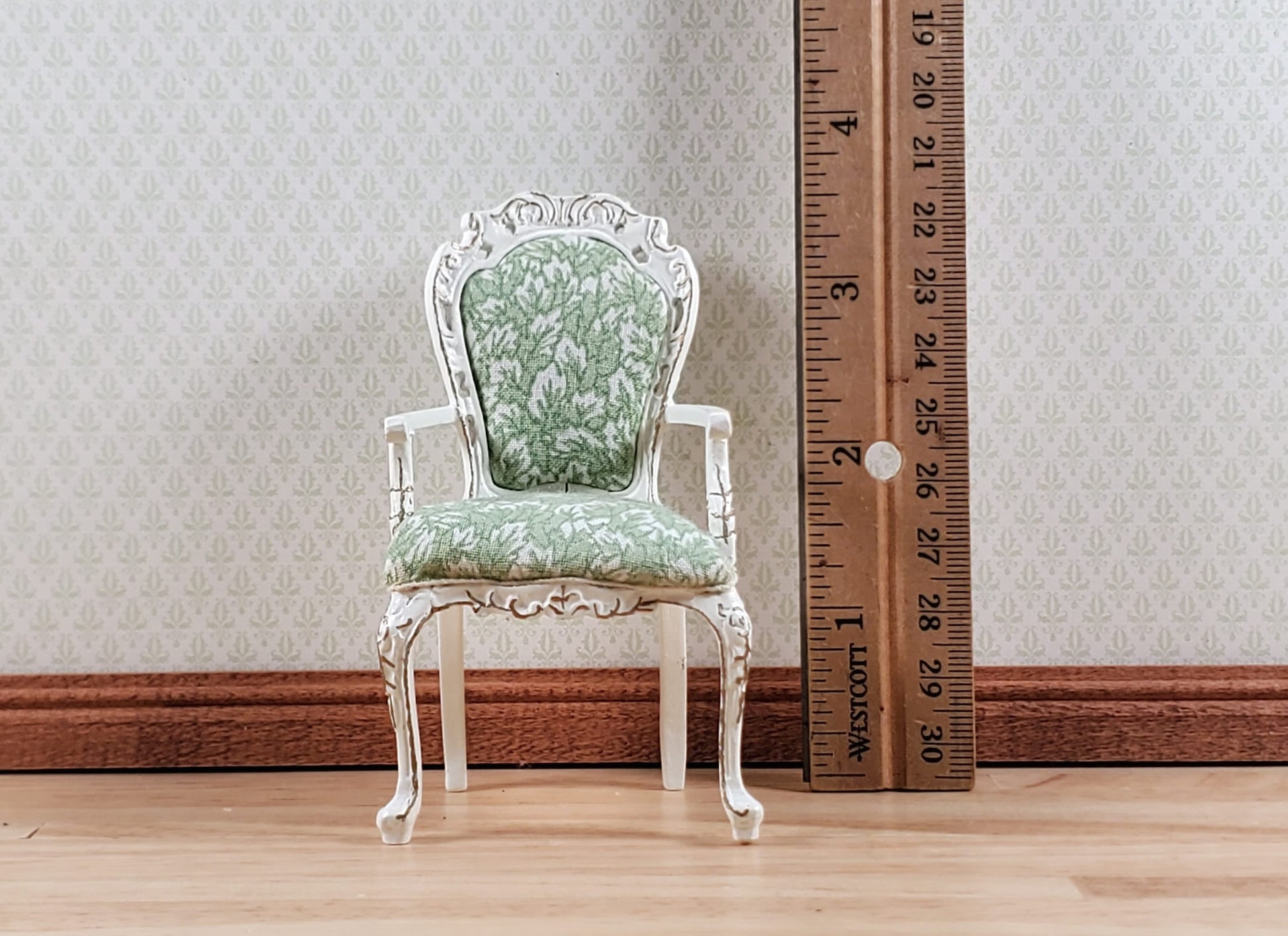 Dollhouse White & Gold Arm Chair Green Fern Fabric 1:12 Scale Furniture Hansson