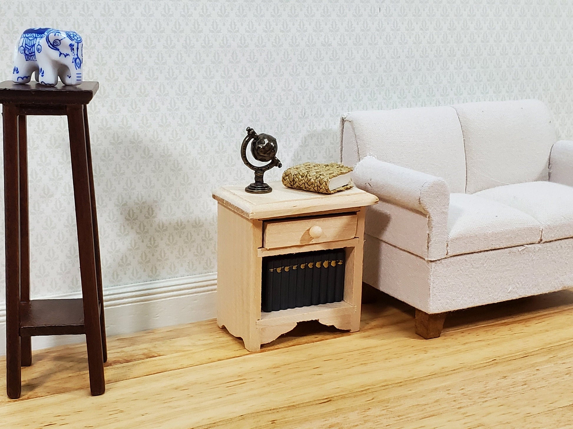 Dollhouse Nightstand Side Table with Drawer Unpainted Wood 1:12 Scale Miniature Furniture