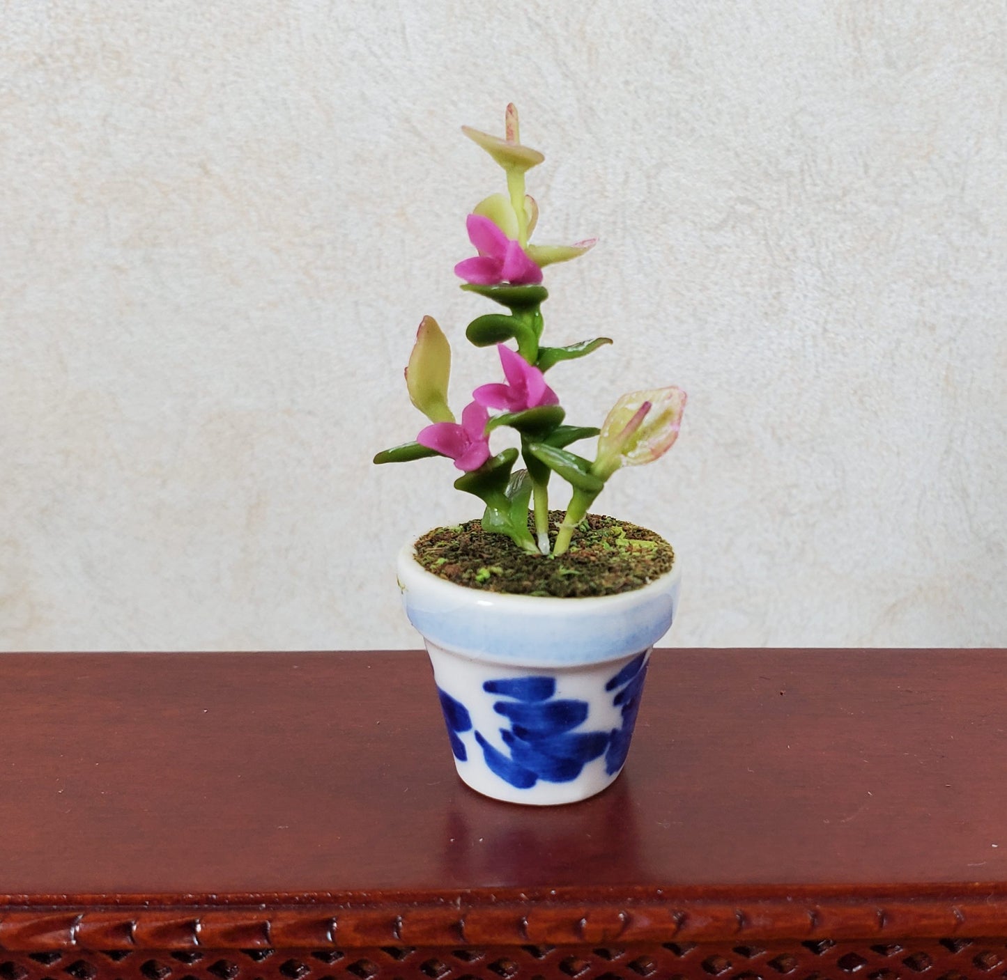 Dollhouse Potted Plant with Pink Flowers in Blue & White Pot 1:12 Scale Miniature