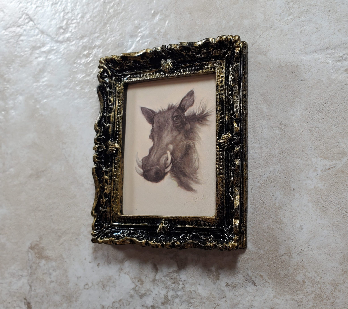 Miniature Warthog Framed Print from Original Charcoal 1:12 Scale Dollhouse