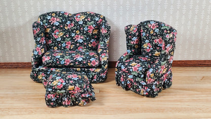 Dollhouse Small Sofa Chair Ottoman Black Floral 1:12 Scale Miniature Furniture