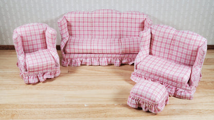 Dollhouse Living Room Set 4 pc Pink Plaid 1:12 Scale Miniature Furniture