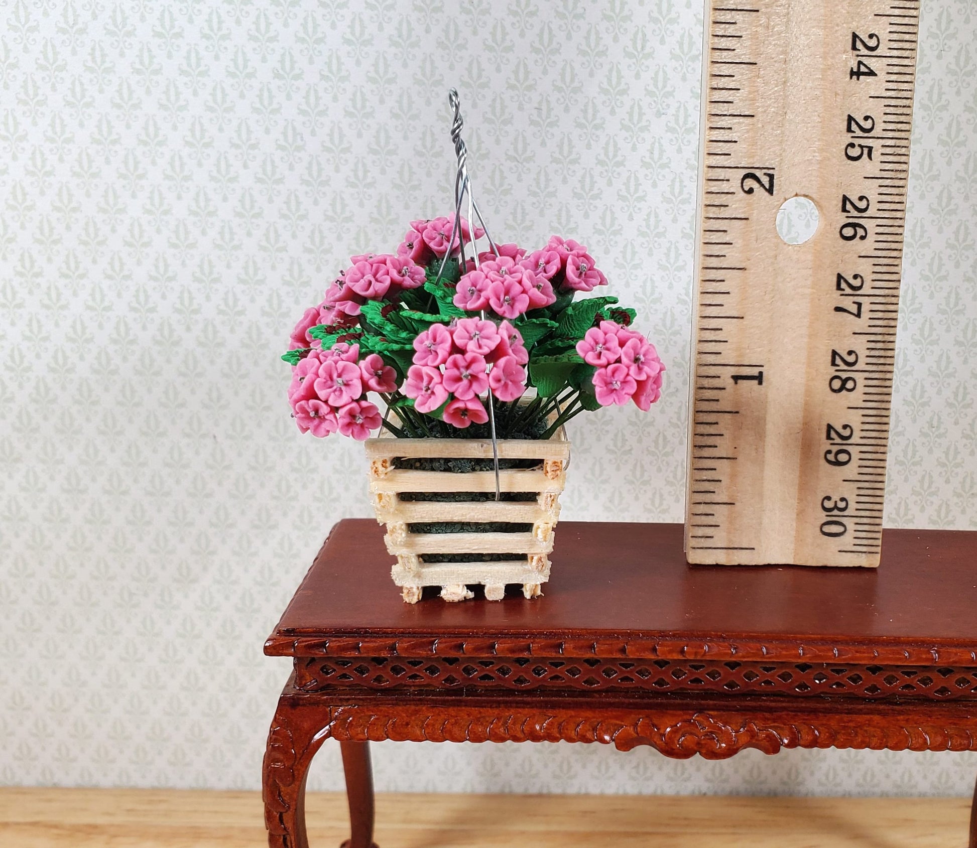 Dollhouse Pink Geranium Plant in Wood Hanging Planter 1:12 Scale Miniature