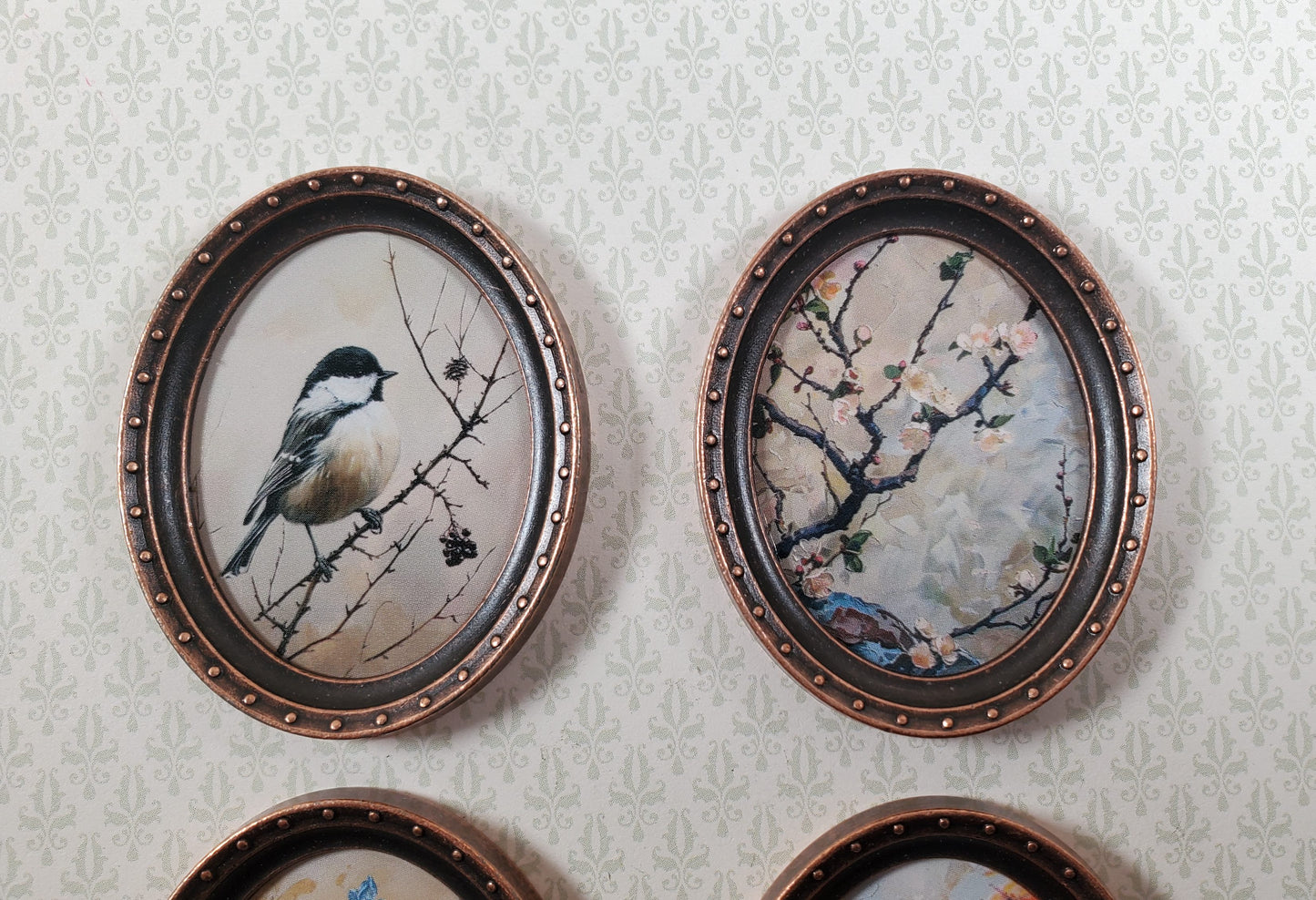 Miniature Framed Prints x4 Chickadee Branches Oval Frames 1:12 Scale Metal Frame