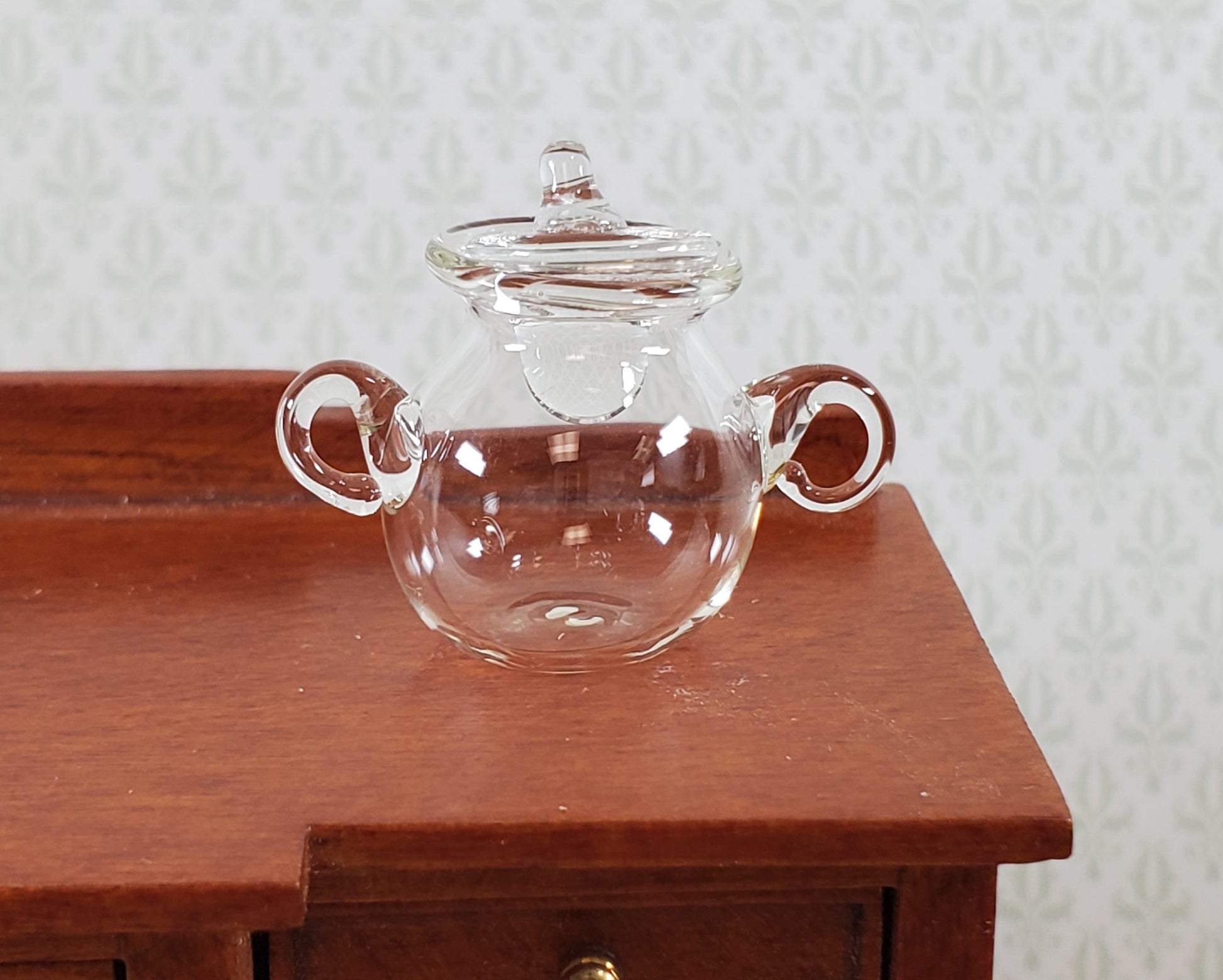 Dollhouse Miniature Jar for Candy or Sugar Handles and Top Clear Glass Pot Belly